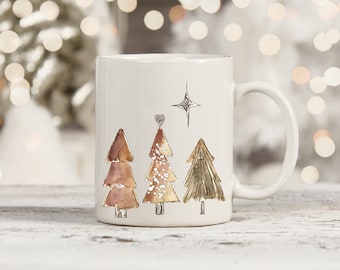 Ceramic Christmas Watercolor Pine Tree Mug, Holiday Farmhouse Mugs