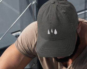 Distressed Pine Tree Hat | Dad Hat | Embroidered Hat | Hiking Cap | Adventure Baseball Cap | Distressed Dad Hat