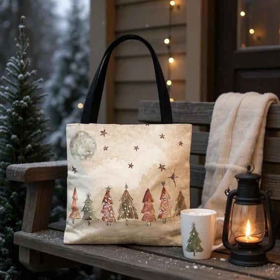 Christmas Watercolor Pine Tree Tote Bag, Rustic Christmas Tree 