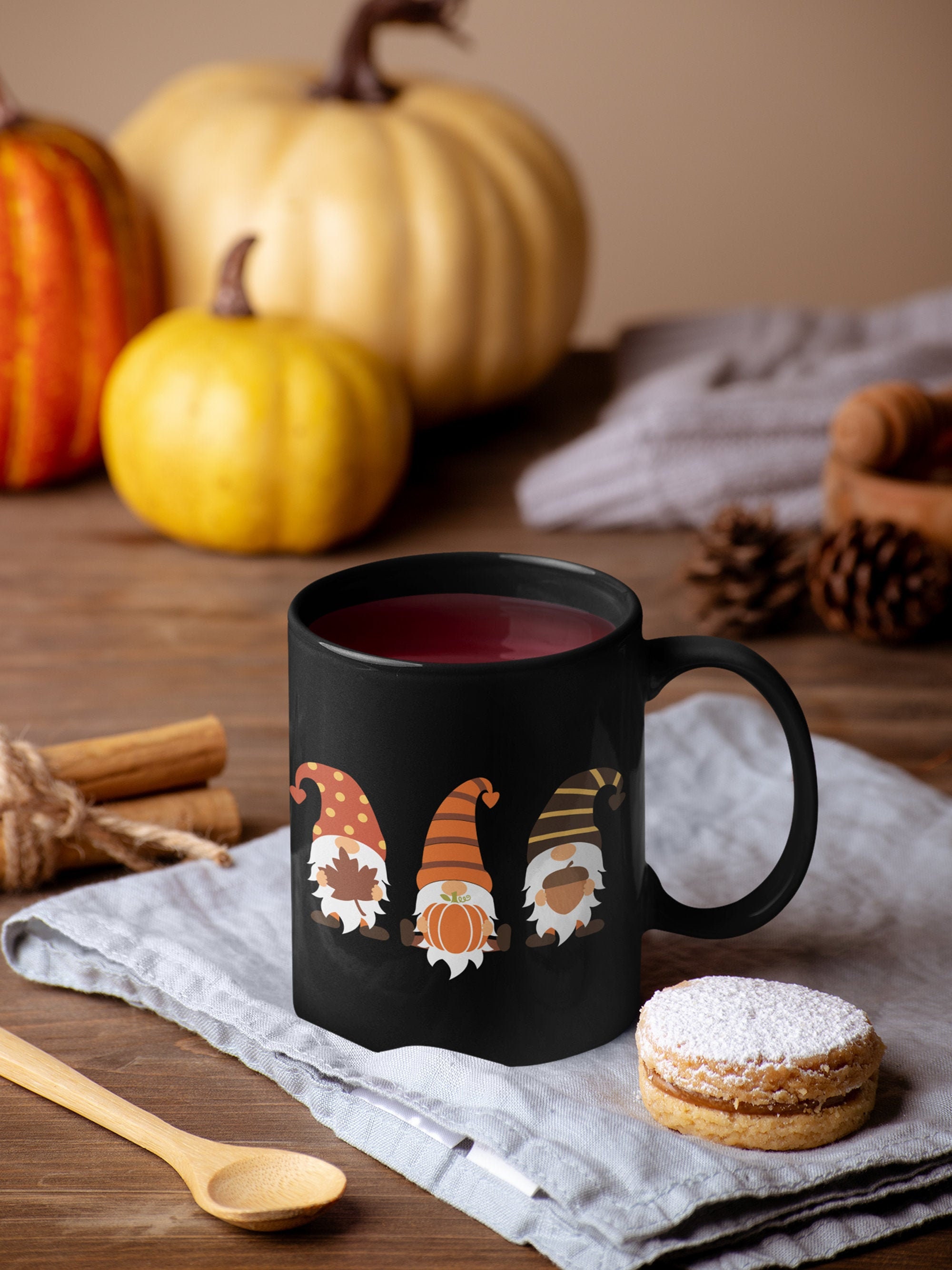 Fall Gnome Mug Black Ceramic Mug Cute Fall Mug Autumn Etsy