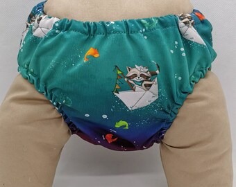 Swimming diaper, swimming trunks, size M, 7-11kg bathing lycra rainbow colors blue/green/purple with raccoon, swimming trunks