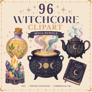 Puede incluir: Un paquete de arte digital con imágenes prediseñadas de witchcore. La imagen incluye una botella de poción, cristales, un caldero con vapor colorido, una tetera y un libro de cocina. El texto dice "96 Witchcore Clipart Mega Bundle".
