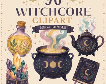 Könnte beinhalten: Ein digitales Kunstpaket mit Witchcore-Cliparts. Das Bild enthält eine Zaubertrankflasche, Kristalle, einen Kessel mit farbenfrohem Dampf, eine Teekanne und ein Kochbuch. Der Text lautet "96 Witchcore Clipart Mega Bundle".