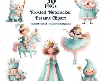 Könnte beinhalten: Eine Sammlung von 56 digitalen PNG-Illustrationen mit dem Titel Frosted Nutcracker Dreams Clipart. Die Bilder zeigen Charaktere im Aquarellstil, darunter ein Hase, ein König, ein Nussknacker, eine Ballerina und eine Figur im Umhang, in Pastellblau und Rosa.