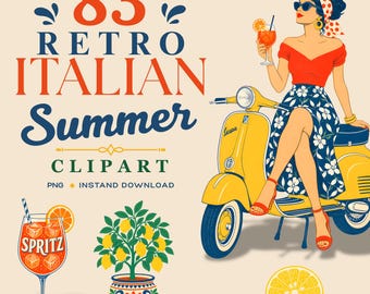 Könnte beinhalten: Retro Italian Summer Clipart-Set. Das Bild zeigt eine Frau auf einem gelben Roller, die einen Cocktail hält. Weitere Elemente sind ein Spritz-Getränk, ein Zitronenbaum und eine Zitronenscheibe. Der Text lautet "83 Retro Italian Summer Clipart".