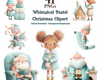 Könnte beinhalten: Eine digitale Sammlung von 41 PNG-Dateien mit pastellfarbenen Weihnachtsmotiven, darunter Elfen, ein Kind in Winterkleidung, der Weihnachtsmann, ein Lebkuchenhaus, ein Einhorn und Geschenkboxen mit dem Text 41 PNGs Whimsical Pastel Christmas Clipart.