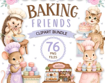 Könnte beinhalten: Ein digitales Clipart-Paket mit dem Titel BAKING FRIENDS, das Aquarellillustrationen eines Igels, einer Katze, einer Maus und eines Hasen mit Kochmützen und Schürzen zeigt, umgeben von Kuchen, Macarons und einem Bäckereistand mit 76 PNG-Dateien.