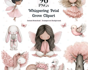 以下が含まれることがあります： Whispering Petal Grove Clipartと題された96個のPNGファイルのデジタルコレクション。このセットには、ピンクの羽を持つ妖精、ウサギ、ユニコーン、子鹿、白鳥、鳥、そしてドアのある木の、水彩画風のイラストが含まれています。