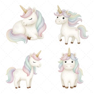 以下が含まれることがあります： さまざまなポーズのユニコーンの4つの水彩イラスト。各ユニコーンは白い体、金色の角、パステルレインボーカラーのなびくたてがみと尾を持っています。ユニコーンは、微妙なドットパターンを持つ白い背景に設定されています。