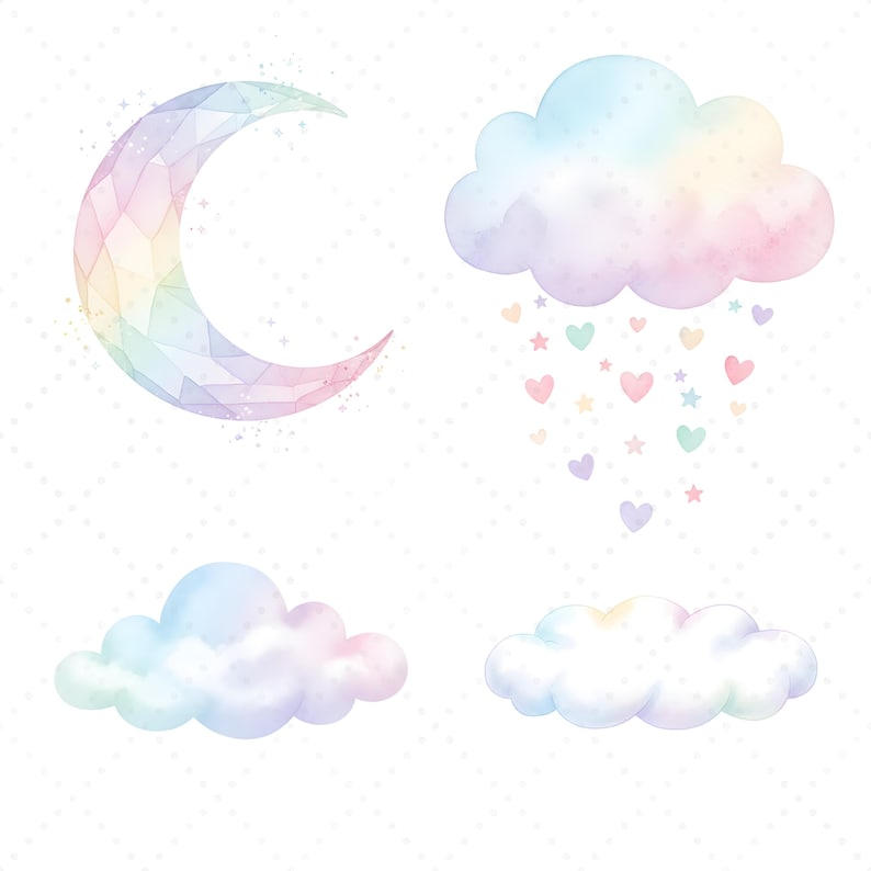 以下が含まれることがあります： パステルレインボーの三日月と4つの雲を描いた水彩イラスト。1つの雲からはハートと星が降り注いでいます。他の雲は青、ピンク、白の色合いです。背景は小さな灰色のドットが入った白です。