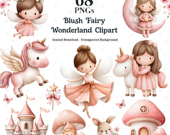 以下が含まれることがあります： 「Blush Fairy Wonderland Clipart」と題された68個のPNGファイルのデジタルコレクション。水彩画風のイラストで、妖精、翼のあるユニコーン、城、キノコの家、ウサギ、星の杖がピンクの色調で描かれています。