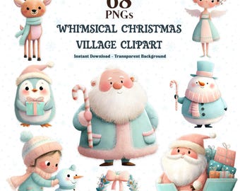 Könnte beinhalten: Eine digitale Sammlung von 68 PNG-Dateien mit Weihnachtsmotiven, darunter ein Rentier, ein Engel, ein Pinguin mit Geschenk, der Weihnachtsmann, ein Schneemann, ein Kind beim Schneemannbauen, ein Kranz und ein Schlitten mit Geschenken.