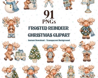 Könnte beinhalten: Eine Sammlung von 91 digitalen Illustrationen mit Rentieren, einem Schneemann, einem Weihnachtsbaum, einem Nussknacker und festlicher Dekoration in Blau- und Brauntönen. Der Text lautet 91 PNGs FROSTED REINDEER CHRISTMAS CLIPART Instant Download.