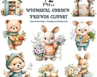 Könnte beinhalten: Eine digitale Sammlung von 72 PNG-Clipart-Bildern mit Illustrationen zum Thema Garten. Das Set enthält einen Schuppen, einen Blumenbogen, einen Bären mit Obstkorb, einen Hasen mit Blumen, ein Schwein mit Karotten, einen Fuchs mit Garn und einen Hasen mit einer Schubkarre.