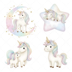 以下が含まれることがあります： ユニコーンの4つの水彩イラスト。三日月の上に立つユニコーン、星の上で眠るユニコーン、小さなユニコーンと一緒のユニコーンがいます。最後のユニコーンは一人で立っています。すべてパステルカラーのたてがみと尾を持っています。