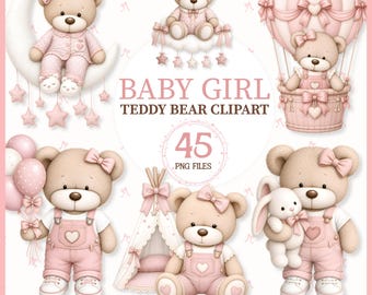 Könnte beinhalten: Eine digitale Sammlung von 45 Baby-Mädchen-Teddybär-Clipart-PNG-Dateien mit Bären in rosa Outfits mit Schleifen, auf Monden, in Heißluftballons, mit Luftballons, bei einem Tipi und mit einem Plüschhasen, mit Text BABY GIRL TEDDY BEAR CLIPART.