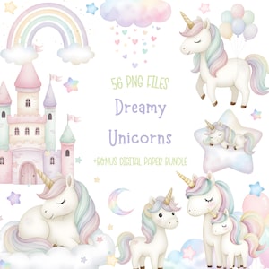以下が含まれることがあります： ユニコーン、城、虹、雲を描いた水彩イラスト。テキストは「56 PNG FILES Dreamy Unicorns +BONUS DIGITAL PAPER BUNDLE」と表示されています。ピンク、青、黄色のパステルカラーが画像を支配しています。