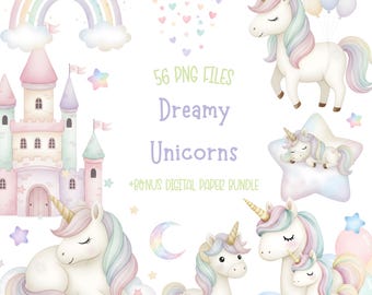 May include: A watercolour illustration with unicorns, a castle, rainbow, and clouds. The text reads "56 PNG FILES Dreamy Unicorns +BONUS DIGITAL PAPER BUNDLE". The image is in pastel colours of pink, blue, and yellow.