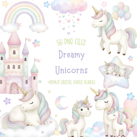 Pastel Watercolor Unicorn Clipart Bundle, 56 PNG Files