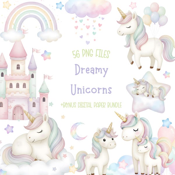 Pastell Aquarell Einhorn Clipart Bundle, 56 PNG-Dateien
