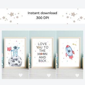 Watercolor Space Nursery Wall Art – Set of 3 Prints | Astronaut, Moon & Rocket | Printable Baby Room Decor