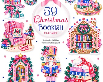 Könnte beinhalten: Eine Sammlung von 59 weihnachtlichen Cliparts zum Thema Bücher, darunter ein rosa Briefkasten, ein Kranz, ein rosa Sessel mit Büchern, ein Lebkuchenhaus-Bücherregal, ein lesender Nussknacker und eine Katze auf einem Bücherstapel.