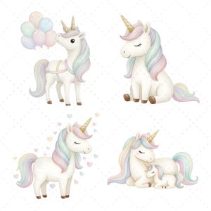 以下が含まれることがあります： 4つのユニコーンの水彩イラスト。1つのユニコーンはパステルカラーの風船を持ち、もう1つは座り、3つ目はハートを持って立っており、最後は赤ちゃんユニコーンがいます。それぞれが金色の角とパステルカラーのたてがみと尾を持っています。