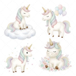 以下が含まれることがあります： パステルカラーのたてがみと尾を持つユニコーンの4つの水彩イラスト。1頭のユニコーンが雲の上に座り、別のユニコーンは風船を持ち、3頭目は立っており、最後のユニコーンは花に囲まれています。それぞれに金の角があります。