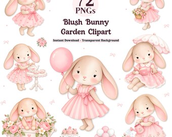 Hasen-Clipart-Bundle, 72 PNGs mit Blumenmuster in Rosa und Bilderbuch-Motiven