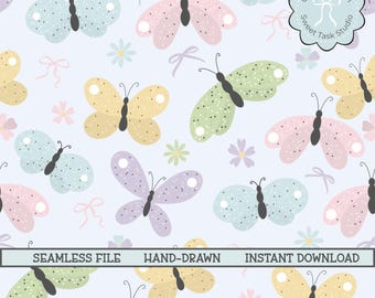 Könnte beinhalten: Ein nahtloses Muster mit pastellfarbenen Schmetterlingen in Rosa, Gelb, Grün und Blau, mit Punkten auf den Flügeln. Das Design umfasst Blumen und Schleifen auf hellblauem Hintergrund. Text lautet "Seamless File", "Hand-Drawn" und "Instant Download".