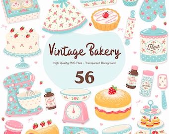 Könnte beinhalten: Eine Sammlung digitaler Illustrationen mit Backutensilien in Blumenmustern, darunter eine Tortenplatte, eine Küchenmaschine, eine Waage, eine Mehlvorratsdose, ein Nudelholz, ein Ofenhandschuh, Cupcakes, Macarons und Kuchen mit dem Text Vintage Bakery 56.
