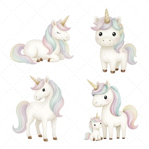 以下が含まれることがあります： ユニコーンの4つの水彩イラスト。各ユニコーンは白い体、金色の角、パステルカラーのたてがみと尾を持っています。ユニコーンは、立っている、座っている、赤ちゃんのユニコーンと一緒にいるなど、さまざまなポーズをとっています。
