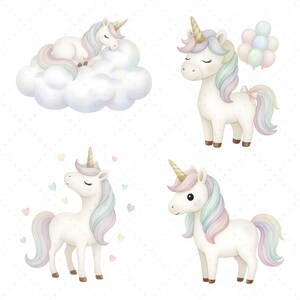 以下が含まれることがあります： ユニコーンの4つの水彩イラスト。1頭のユニコーンが雲の上で眠り、他のユニコーンは目を閉じて立っています。それぞれが金色の角、パステルカラーのたてがみと尾を持ち、ハートや風船に囲まれています。