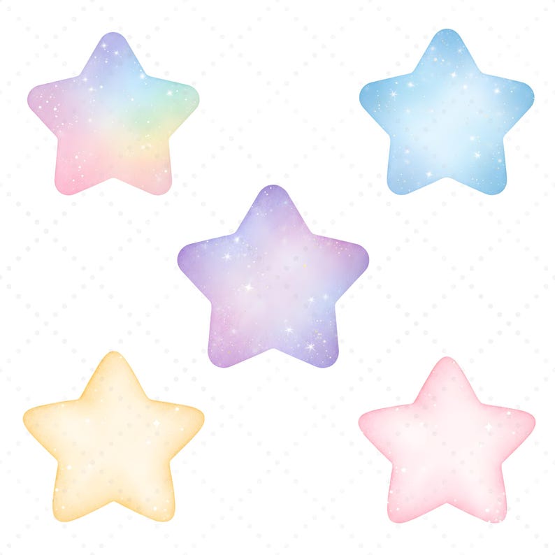 以下が含まれることがあります： パステルカラーの星型イラスト5点。虹色、青、紫、黄色、ピンク。各星には斑点とキラキラとした効果があり、夢のような、天上のテーマを作り出しています。星は、微妙な点模様のある白い背景に配置されています。