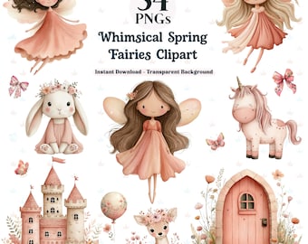 以下が含まれることがあります： Whimsical Spring Fairies Clipartというタイトルの54個のPNGファイルを含むデジタルクリップアートコレクション。ピーチ色のドレスを着た妖精、白いウサギ、ユニコーン、城、風船、鹿、木製のドアのイラストが含まれています。