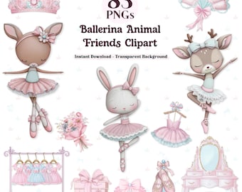 Könnte beinhalten: Eine digitale Sammlung von 83 PNG-Dateien mit dem Titel Ballerina Animal Friends Clipart, die Illustrationen von Rehen und einem Kaninchen in rosa Balletttutus, eine rosa Krone, einen Schminktisch, einen Kleiderständer und Ballettschuhe zeigt.