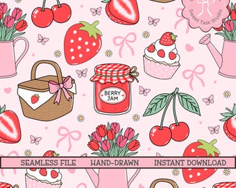 Könnte beinhalten: Nahtloses Muster mit handgezeichneten Illustrationen von Erdbeeren, Kirschen, Cupcakes, Picknickkörben, Beerenmarmeladengläsern und Tulpen auf rosa Hintergrund. Das Design umfasst Schmetterlinge und Schleifen. Der Text "SEAMLESS FILE HAND-DRAWN INSTANT DOWNLOAD" ist vorhanden.