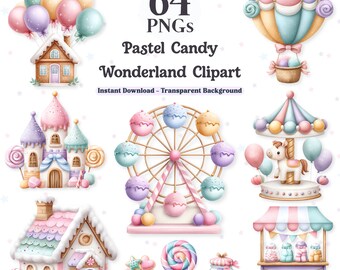 Könnte beinhalten: Eine digitale Sammlung von 64 PNG-Dateien mit dem Titel Pastel Candy Wonderland Clipart, die Illustrationen von Lebkuchenhäusern, einem Heißluftballon, einem Karussell, einem Riesenrad, einem Süßigkeitenwagen, Lollis und Bonbongläsern enthält.
