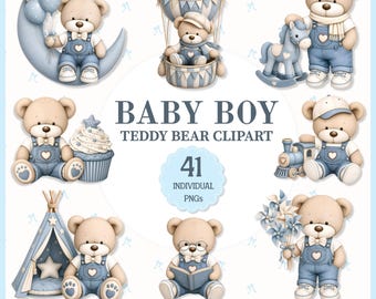 Baby Teddy Bär Clipart, Blaue Kinderzimmer Grafiken (41 PNGs)