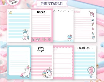 Könnte beinhalten: Ein druckbares Einhorn-Notizblock-Set mit acht verschiedenen Designs in Pastellfarben, linierten und leeren Flächen sowie Illustrationen von Einhörnern, Kronen, Diamanten, Eiscreme und Heißluftballons. Text: Unicorn Notepad Set, Notes, Don't Forget, To Do List, 4x6 Zoll x A5.
