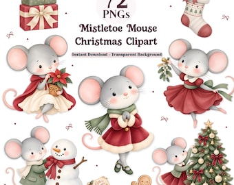 Könnte beinhalten: Eine digitale Sammlung von 72 PNG-Dateien mit dem Titel Mistletoe Mouse Christmas Clipart. Das Set enthält Illustrationen von grauen Mäusen in Winterkleidung, einem Weihnachtsbaum, einem Schneemann, Geschenken, einem Strumpf und einem Lebkuchen.