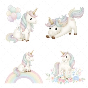 以下が含まれることがあります： ユニコーンの4つの水彩イラスト。風船を持っているユニコーン、伸びをしているユニコーン、虹の上に座っているユニコーン、花の中に立っているユニコーン。各ユニコーンは、金色の角とパステルカラーのたてがみと尾を持っています。