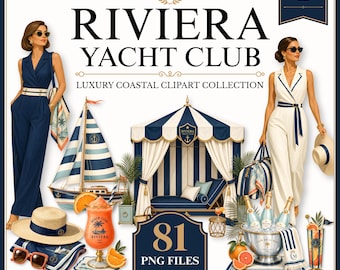Könnte beinhalten: Eine digitale Clipart-Sammlung mit dem Titel RIVIERA YACHT CLUB, die Illustrationen von zwei Figuren in Overalls, einem Segelboot, einer gestreiften Kabine, einem Strohhut, einer Sonnenbrille, einem Cocktail und einem Sektkühler mit Flaschen enthält.