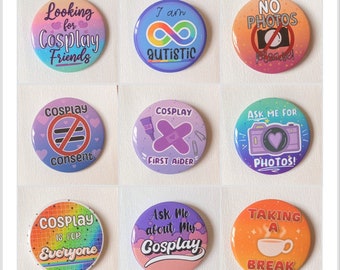 Cosplayer Convention metal pin back badges/buttons set of 9