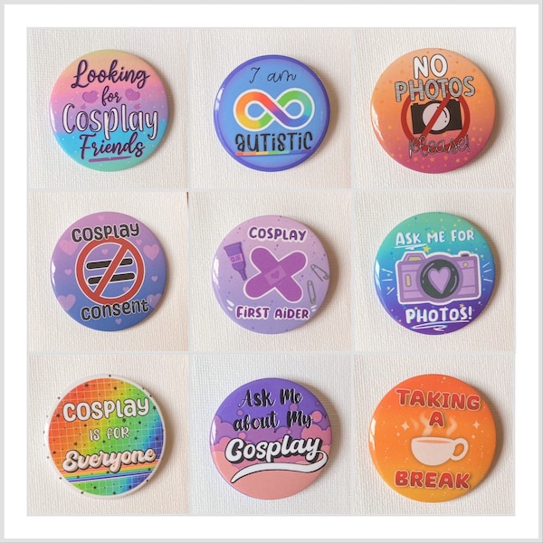 Cosplayer Convention metal pin back badges/buttons set of 9