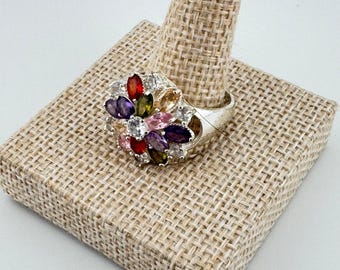 Vintage 1980's 925 Sterling Silver Multi Color Stone Flower Cluster Ring Size 10