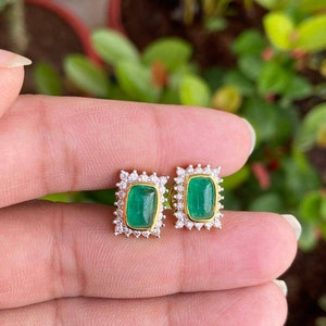 Natural Emerald Earrings- Emerald Diamond Earrings- 18k Gold Emerald Earrings- Gift For Wife- Natural Diamonds- Emerald Stud Earrings