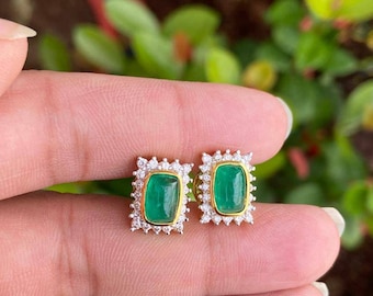 18k Gold Emerald Earrings – Handmade Natural Diamond Halo Studs