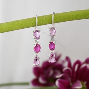 Pendientes colgantes de rubí y zafiro rosa natural, pendientes de diamantes, pendientes de piedras preciosas rosas, pendientes de rubí para novias, regalo para ella.