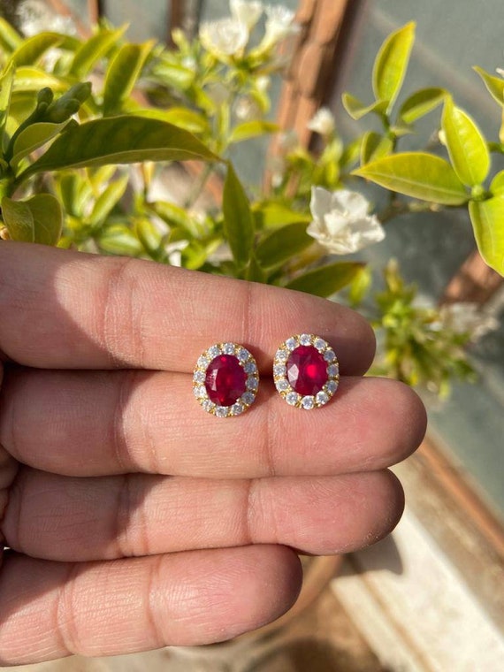 Princess Cut Genuine Ruby and Diamond Halo Earrings in white gold (GE-5086)